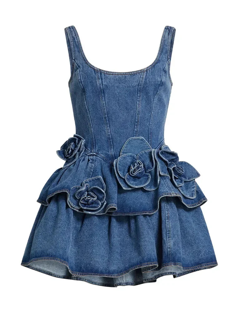 2025 Summer Chic 3d Floral Denim Mini Dress Vintage A Line Halter High Street Jean Vesidos Lady Party Fashion Clothing 250609