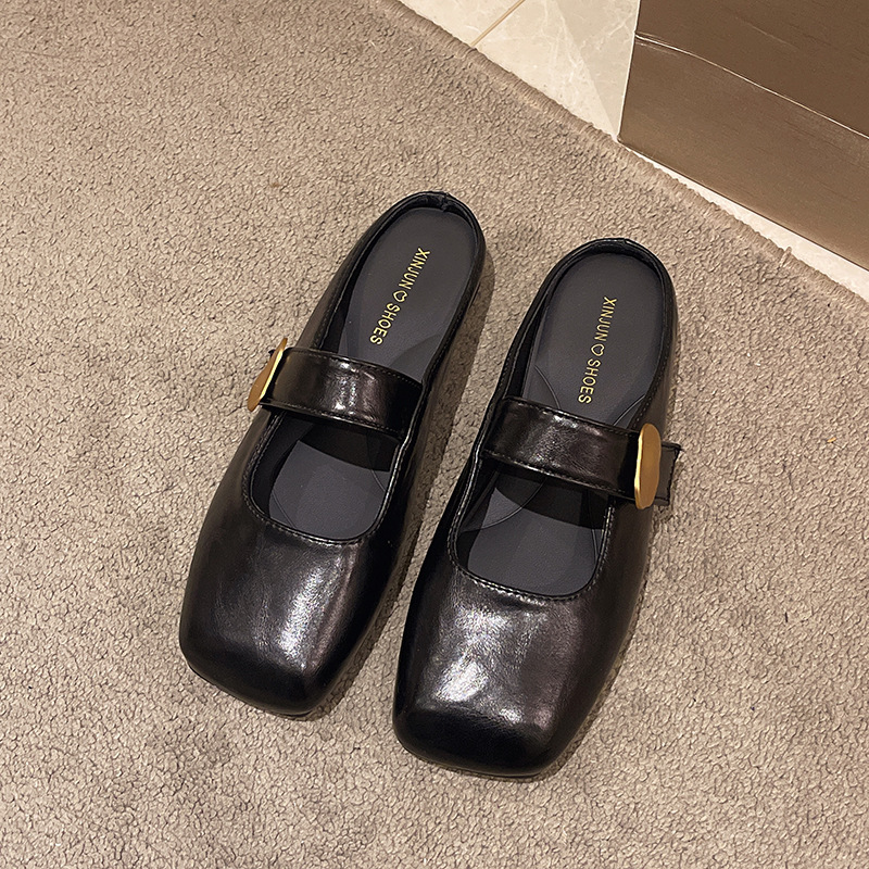 Ddmyoutdoor Soft Leather Outdoor Closed Toe For Women Spring New Versatile Flat Square Lazy Slip On Half Slippers Outdoor Shoes