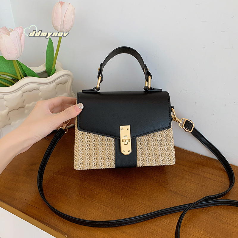 Women's 2025 New Ladies Shoulder Fashion Lock Woven Casual Handbag Textured Crossbody Small Square Bag ddmynov