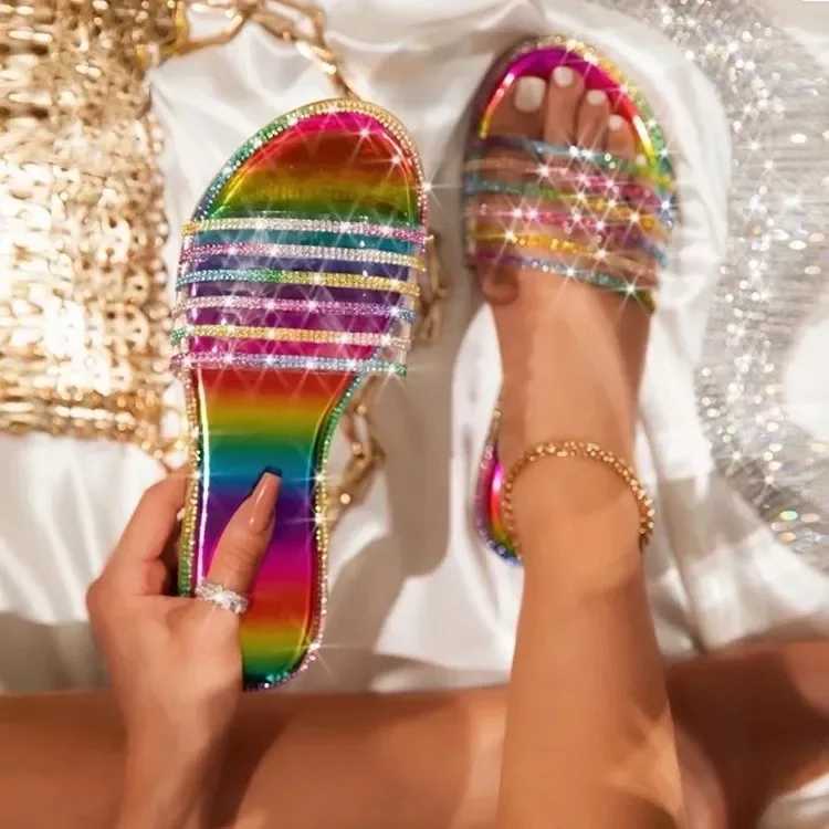 2024 Summer New European and American Flat Rhinestone Flip-flops Womens Home Slippers Womens Shoes Z250614