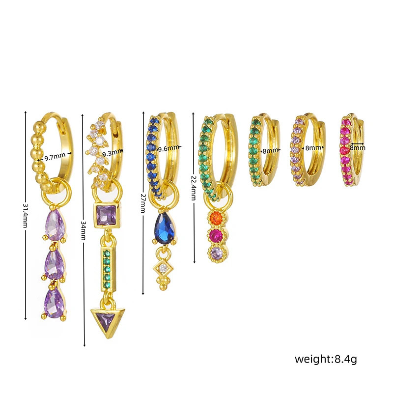Exquisite Gold Color Rainbow Dangle Earrings for Women Colorful Zircon Piercing Hoop Earrings Set Fashion Jewelry Wholesale 250610