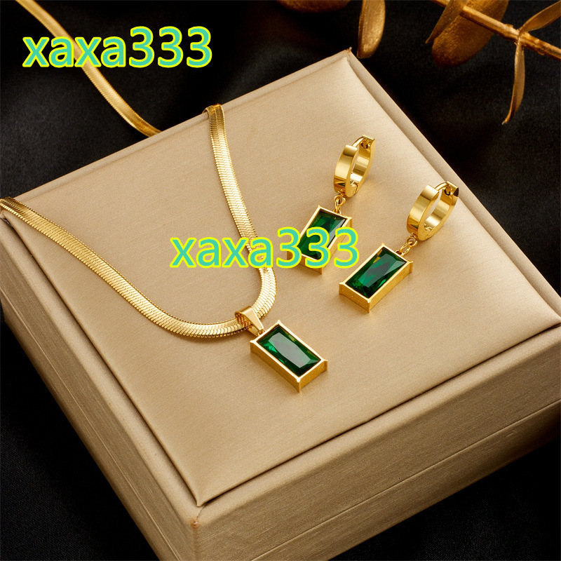 Hot Selling Chunky Flat Snake Chain Emerald Crystal Stone Chokers Necklace Drop Earrings Versatile Stainless Steel Jewelry Set