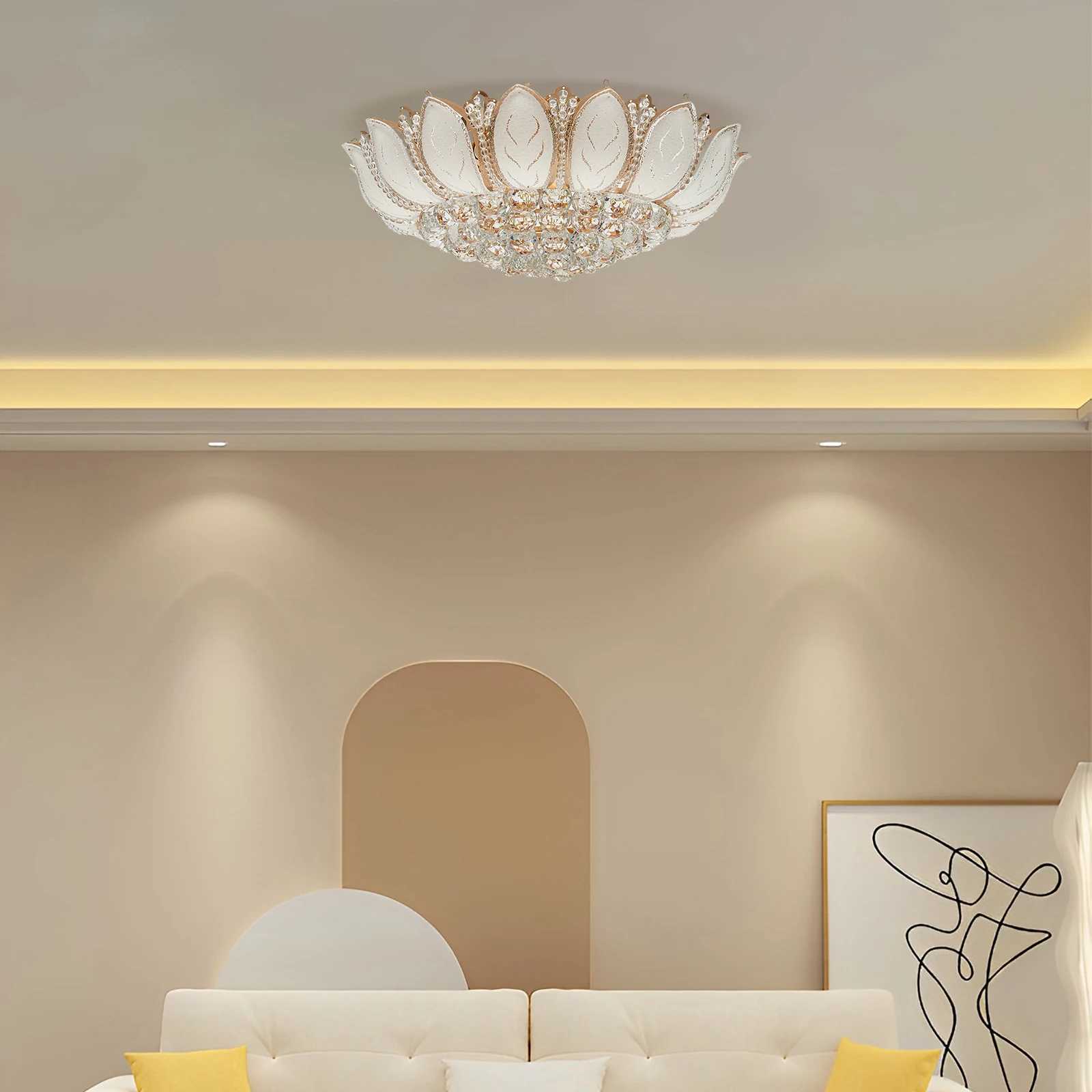 Modern Crystal Chandelier Dimmable Luxury Flush Mount LED Ceiling Lamp - Lotus Flower Shape Pendant Lighting Fixture 110V Gold XJ2500613