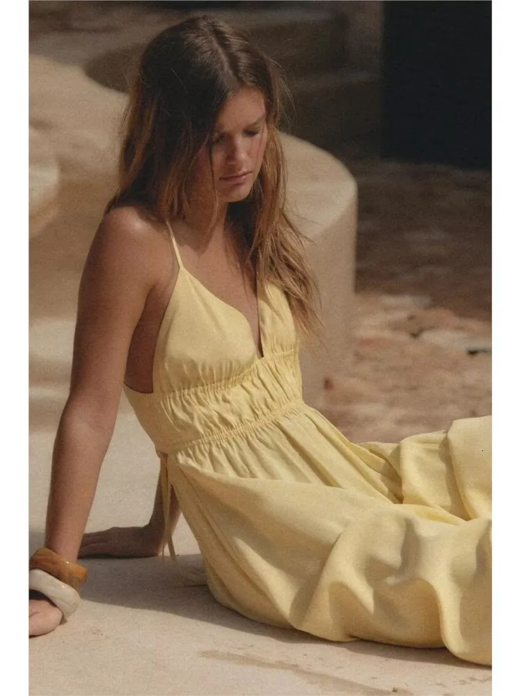 TRAF Flowing Midi Dress V Neck Womens Dress Sexy Backless Thin Straps Lady Dresses With Bow Elastic Waist Party Dress 250613