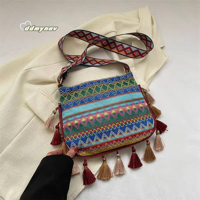Vintage Women's Tassel Ethnic Handwoven Crossbody Lady Bag Hippie Sling Shoulder Bags for Ladies Handbag ddmynov