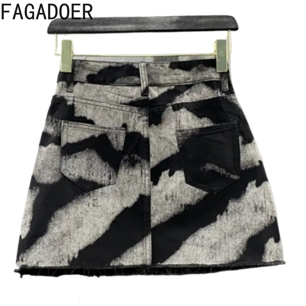 FAGADOER Gray Tie Dye Printing Fashion Denim Mini Skirts Women High Waist Button Pocket Aline Jean Sexy Y2K Streetwear 250612