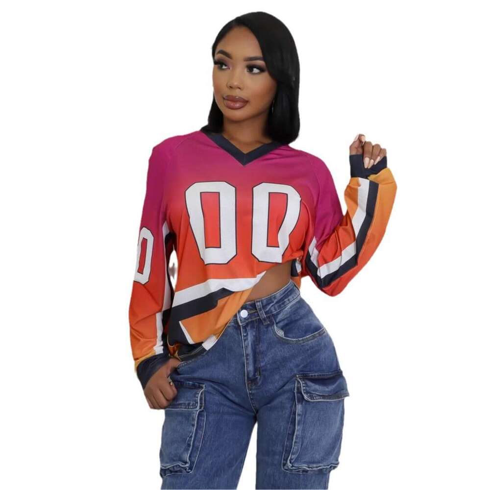 Autumn New Color-Block Fashion Print Loose Casual Sports Style Long Sleeve V-Neck Sweatshirt B5