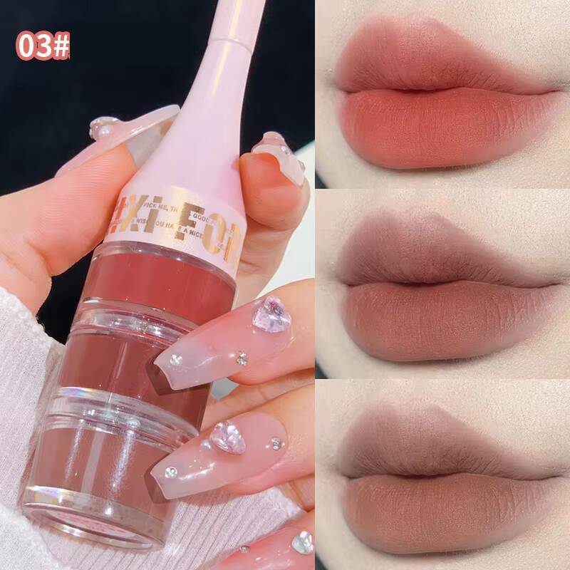 Layered 3 in 1 Mud Velvet Matte Lipstick Long Lasting Rose Red Canned Tint Combo Lip Gloss Kit Makeup Tri-colour LipClay happy