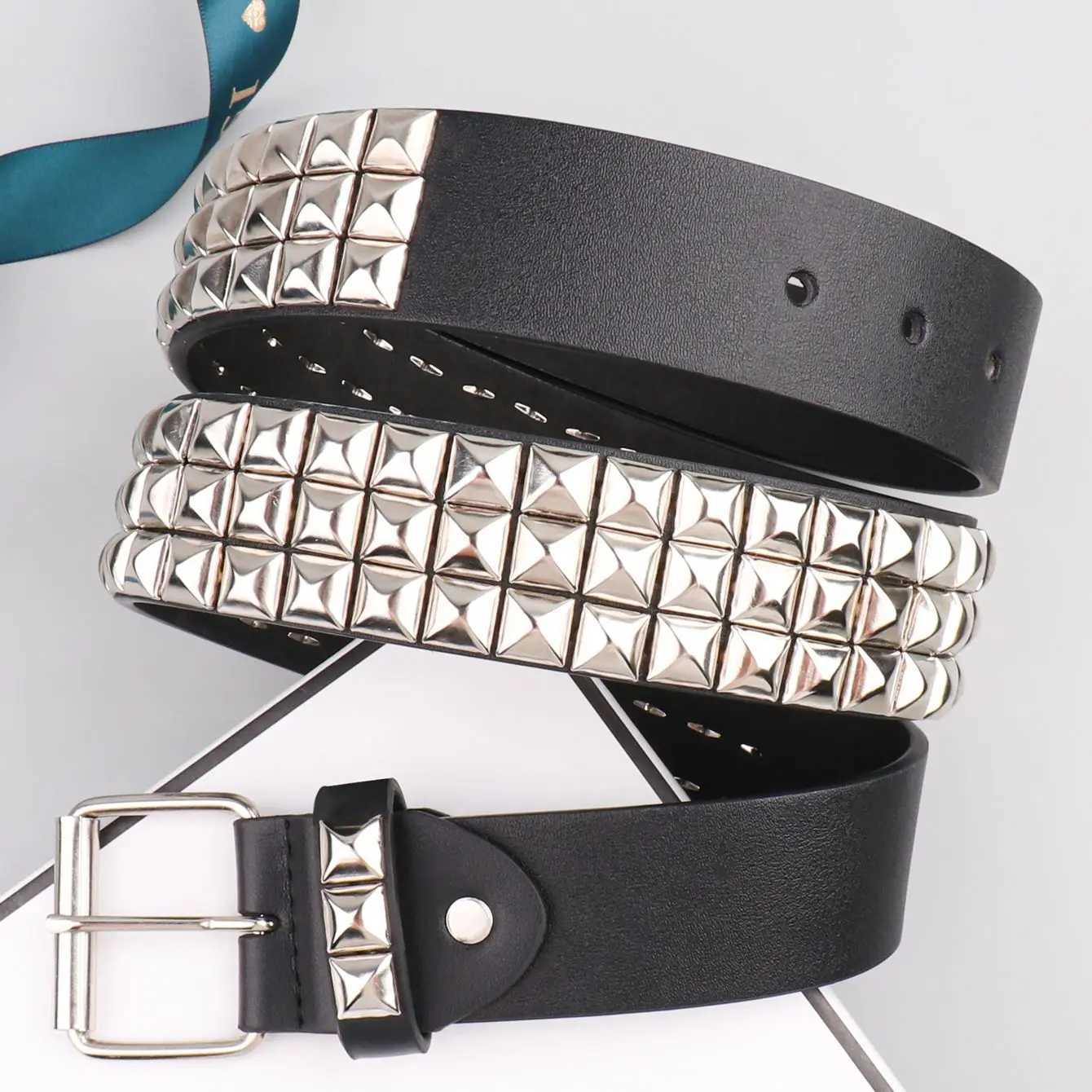 Fashion mens metal pin buckle PU riveted belt X250614