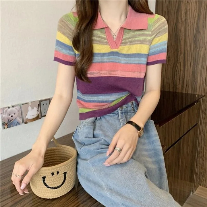 Ice Silk Knitted T-shirts Sexy Crop Top Pretty Short Sleeve Striped Womens Polo Korean Clothes Casual Lapel Female Tee 250609