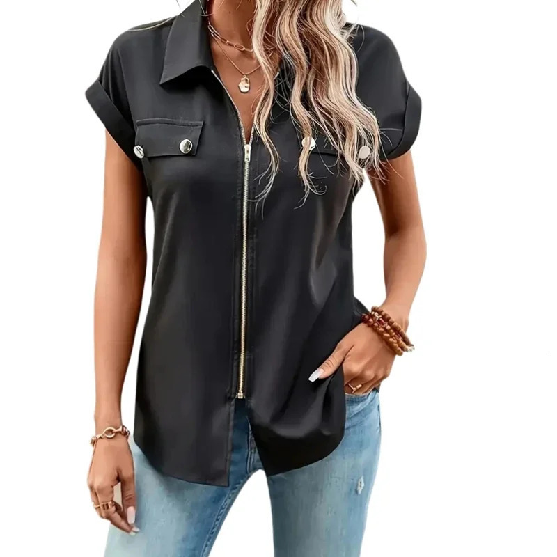 Womens Plus Size 1XL5XL Black ZipUp Blouse Button Lapel Shirt Ladies Casual Short Sleeve Elegant Solid Color Shirt 250614