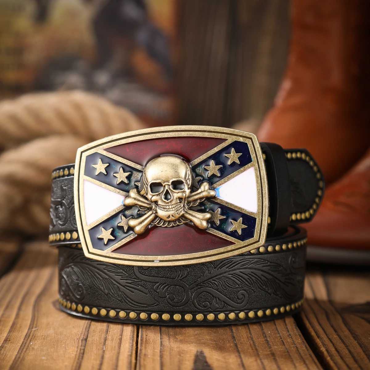 A classic retro PU material embossed belt metal plate buckle men and wen the same daily casual delivery punch nails X2506141