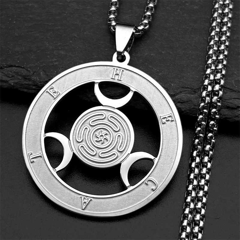 Wicca Triple Moon Goddess Hecate Wheel Stainless Steel Pendant Necklace Strophalos Hecate Magic Symbol Charm PIN Jewelry Gift Z250614