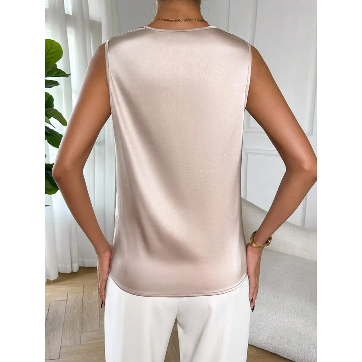 Womens Satin Sleeveless Top VDraped Neckline ShirtStyle Blouse with Cascading Ruffles Elegant silk tank top sleeveless 250611