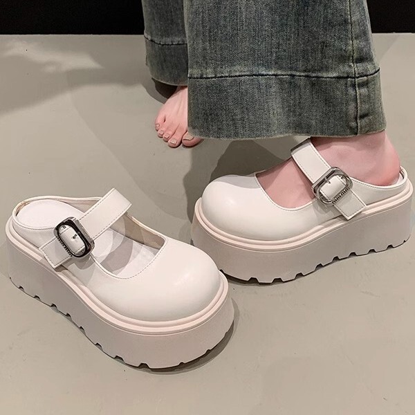 Ddmysports Spring Autumn New Versatile Platform Closed Toe Mules Women Thick Soles Height Increasing Belt Buckle French Style Loafers Slip On Single O
