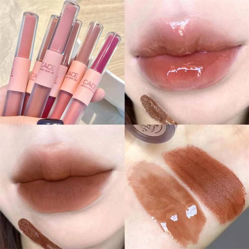 Double Head Sexy Red Makeup Mud Mirror Water Gloss Lip Glaze Matte Lipstick Waterproof Korean Cosmetic happy