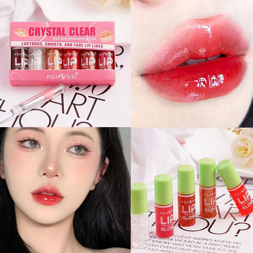 6PCS Moisturizing Gloss Transparent Oil Glaze Lip Plumper Hydrating Make Up Liquid Lipstick Set Cosmetics happy