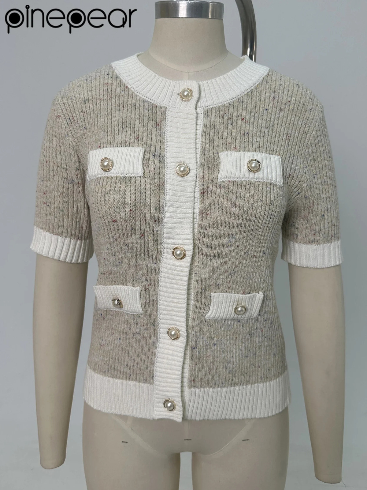 PinePear Fall Women Short Sleeve Lightweight Cardigans False Pockets n Elegant Pearls Button Down Cardigan Sweater 250612