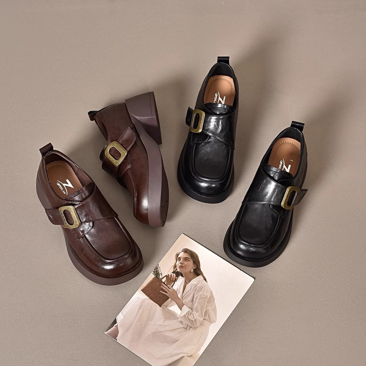 Ddmysports Maillard Women S Leather Autumn New British Style Chunky Heel Loafers French Belt Buckle Single Shoes Outdoor Shoes