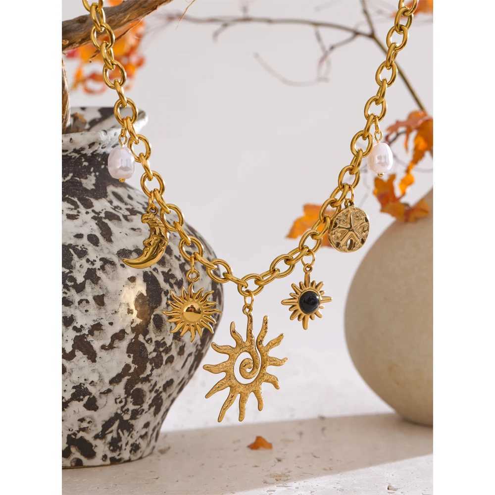 Yhpup Trendy Starfish Moon Sun Shaped Pendant Charm Necklace Statement Stainless Steel Golden Chain Fashion Jewelry PVD Plated Z250614