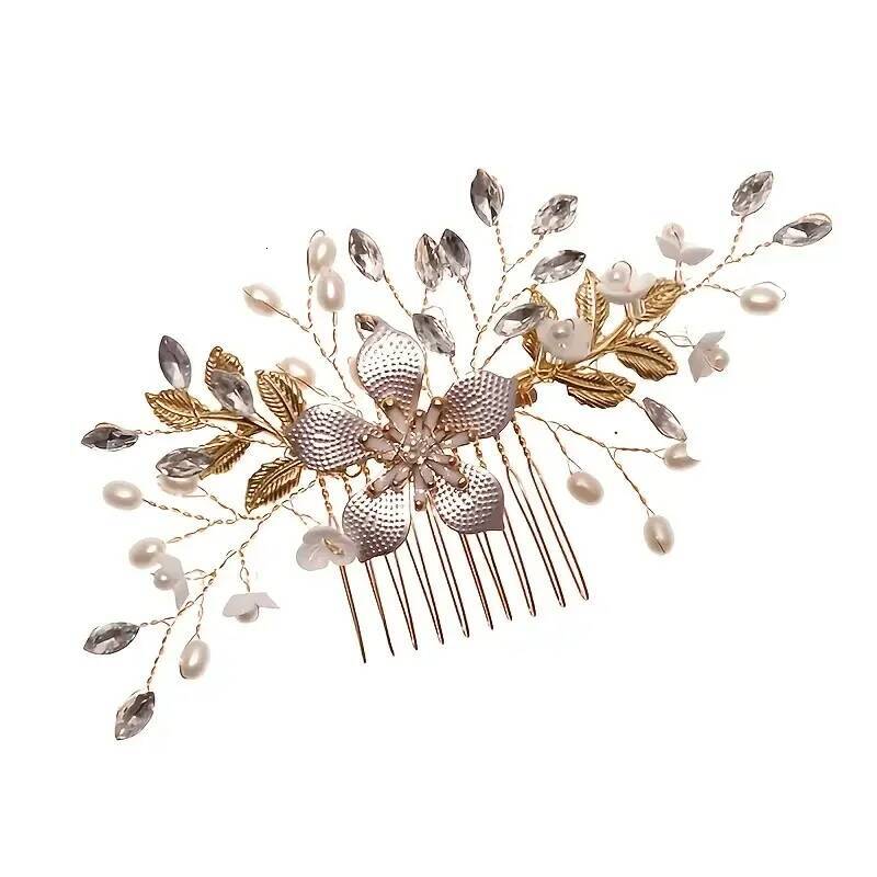 Bridal Wedding Pearl Flower Hairpin Side Golden Leaf Shaped Alloy Tiaras Insert Comb Hair Jewelry Bride Headwear