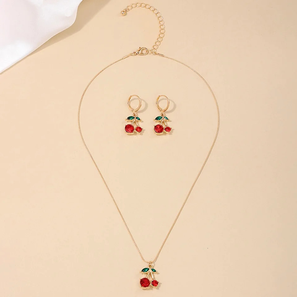 3PCS Cute Cherry Jewelry Set Hypoallergenic Necklace and Eearrings Daily Gift for Women 250609