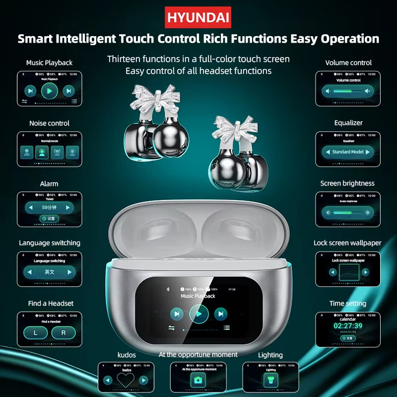 HYUNDAI Top butterfly Headphones Design LCD Full Color Touch Screen Audio Wireless for Music Phone Calls with earrings Bow tie suower C02