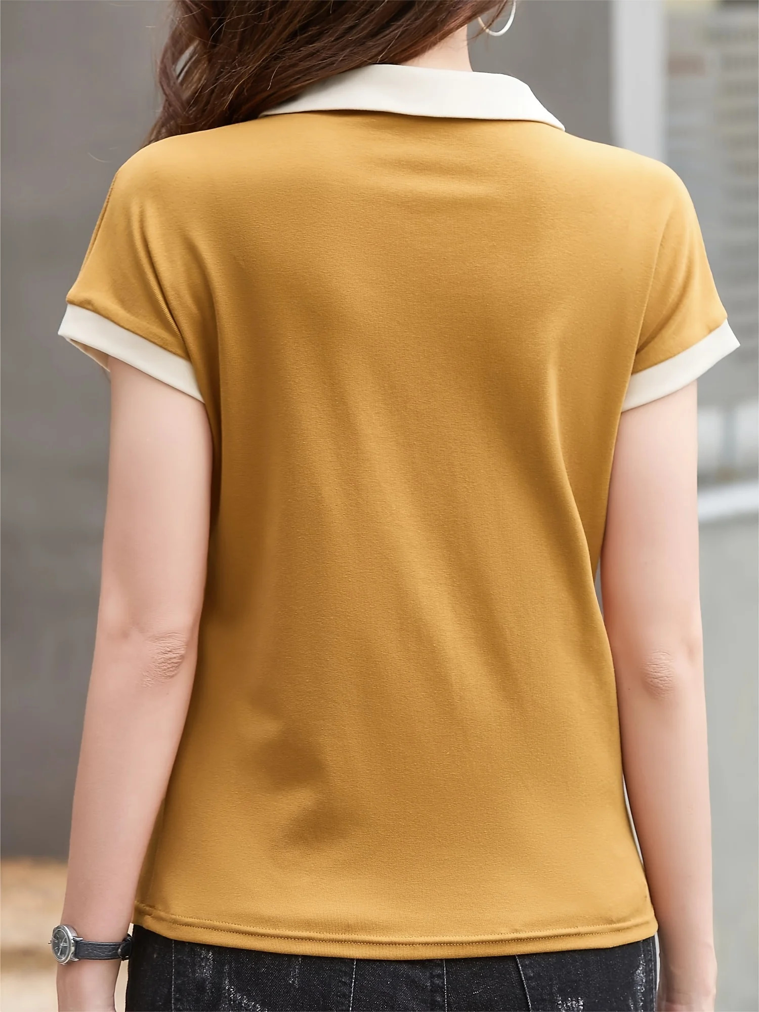 Womens solid color neckline contrast n summer short sleeve POLO shirt fashion breathable knit top can be machine washed 250609