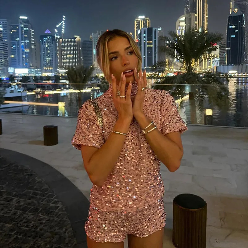 Sequin High Neck T-shirt Top Shorts 2 Piece Set Glitter Socialite Slim Fit Nightclub Blouse Trendy Trousers Womens Suit Summer 250529