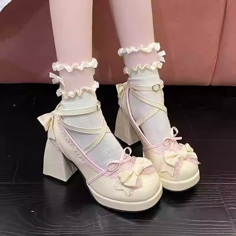 Ddmyoutdoor Ddmyoutdoor Elegant Mary Jane Waterproof Platform Chunky Heel High Heels Lace Up Bow Sweet Girl Lolita Shoes Outdoor Outdoor Shoes