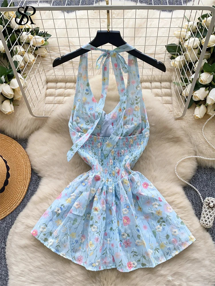 SINGREINY Summer sweet Backless Tank Top Female Halter Sleeveless Elastic Skinny Senior Sweet y Floral Camisole 250611