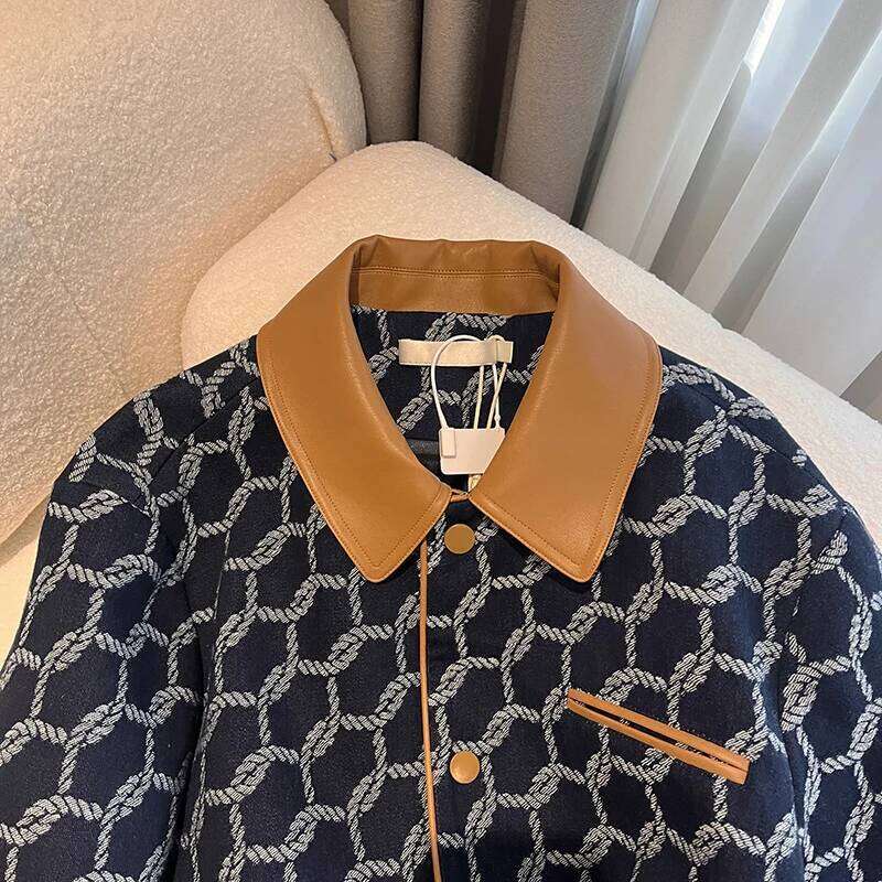 Trendy Women's Knit Print Patchwork Leather Denim Coat Autumn Fashion Lapel Long Sleeves Jacket Female 1LS128