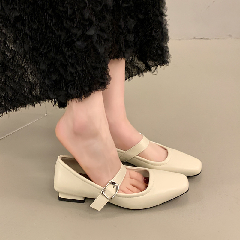 Ddmyoutdoor Elegant Square Toe Evening Style Shallow Mouth One Strap Small Leather Low Heel Commuter Soft Sole Mary Jane Single Shoes For Women Outdoo