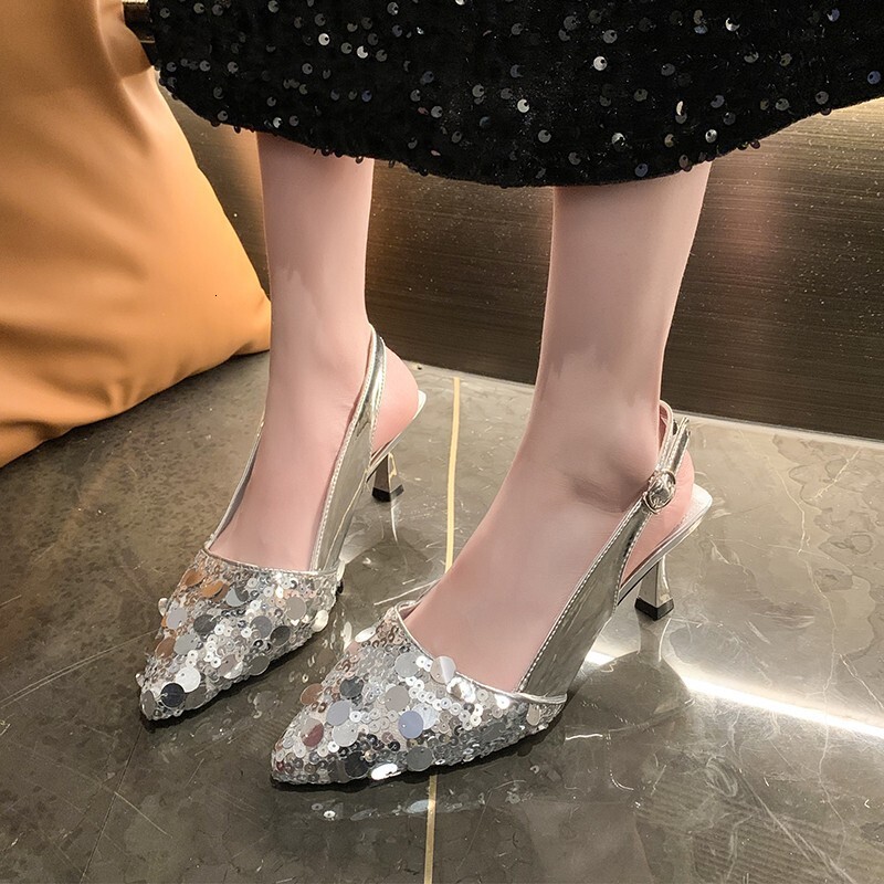 Ddmyoutdoor French Style Niche High Heels Silver Elegant Closed Toe Sandals New Spring Summer Heel Strap Slippers Fairy Shoes Outdoor Shoes