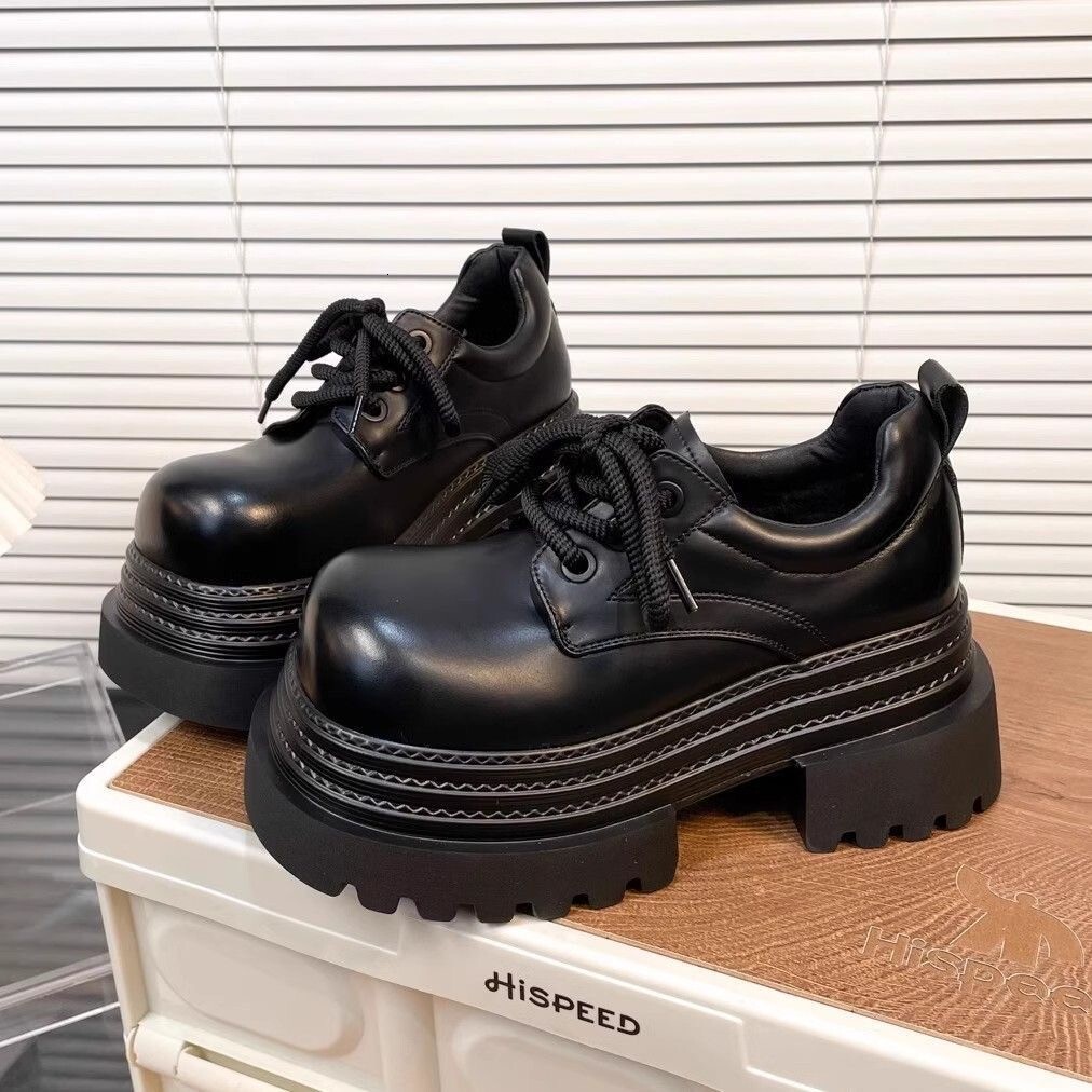 Ddmysports Chunky Thick Soled Platform Height Increasing Block Heel Leather For Women British Style Spring Autumn New Single Shoes Outdoor Shoes