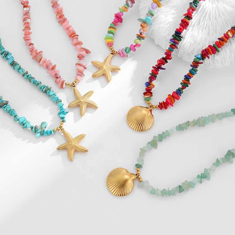PRISCA. | Colored Stone Shell Necklace Stainless Steel Women Charm Beach Jewelry 18k Gold PVD Fashion 2025 Z250614
