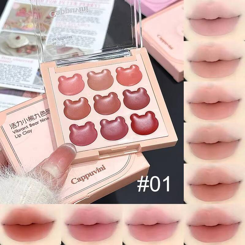 9Color Bear Lipstick Palette Mud Matte Sweet Warm Colors Cheeks Blush Non-stick Cup Lip Gloss Facial Beauty Cosmetic Makeup happy