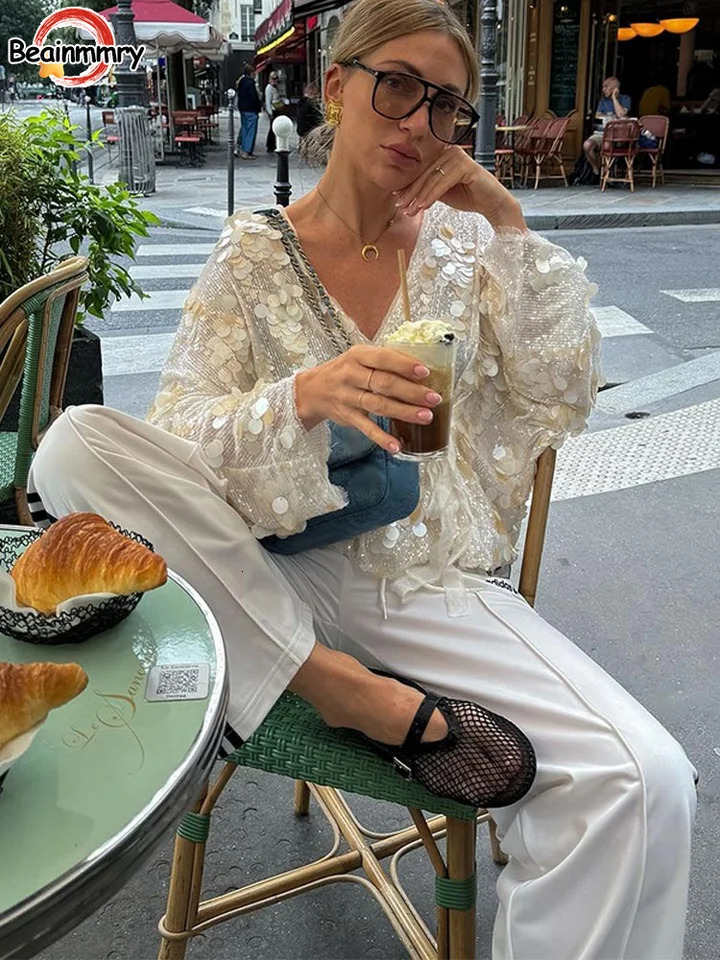 Women Shiny Sequins Lace Up Loose Jackets Fashion Vneck Long Sleeves Casual Female Coat Spring Lady Festival Clubwear 250611