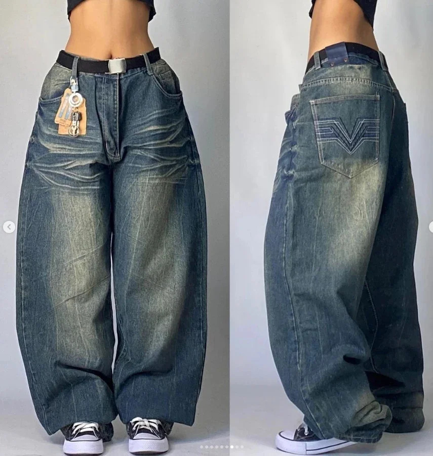 American Hip Hop Retro Gothic Print Jeans Women Y2K Street Fashion Loose Straight Wide Leg Pants Unisex Joker Jeans 250612