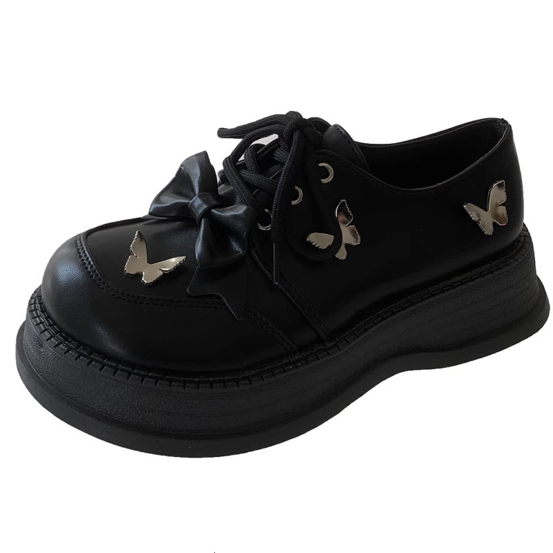 Ddmysports Thick Soled Small Leather Spring New British Style Round Toe Lace Up Bowknot Sweet Cool Mary Jane Shoes Outdoor Shoes