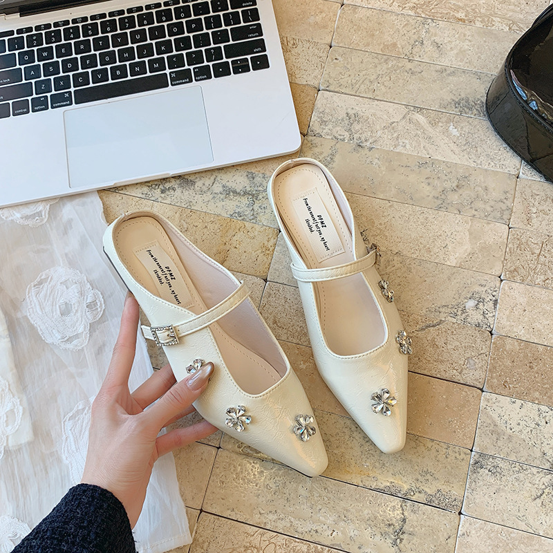 Ddmyoutdoor French Style Rhinestone Mary Jane For Women Summer New Outdoor Chunky Heel Silver High End Closed Toe Sandals Mules Outdoor Shoes