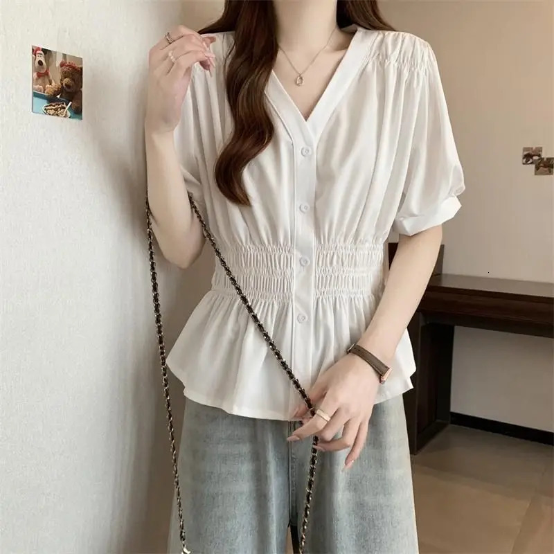 Simple Vneck Elastic Waist Shirt And Blouse Short Sleeve Solid Top Women Clothing French Allmatch Single Breasts Casual Summer 250614