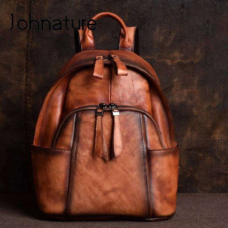 Johnature 2025 New Handmade Genuine Leather Backpack Retro Women Bag Leisure Real Cowhide Large Capacity Travel Backpacks