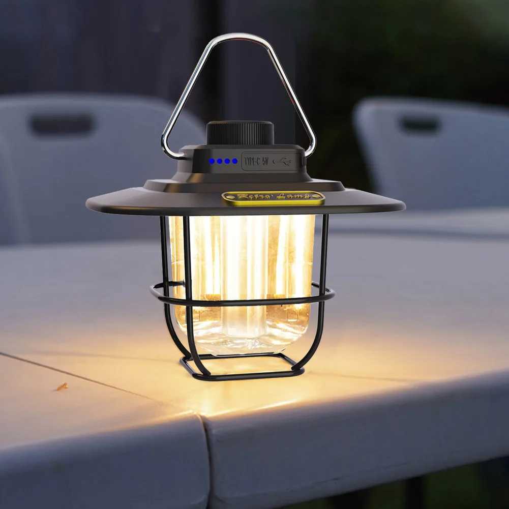 LED Camping Light Retro Hanging Tent Lamp Waterproof Type-c Charging with Hook Battery Indicator Emergency Light for Outdoor W250613
