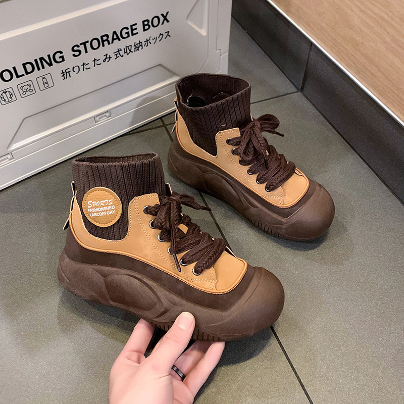 Ddmysports High Top Shoes For Women New Autumn Winter Thick Sole Soft Surface Comfortable Knitted Mouth Single Short Martin Boots Outdoor Shoes