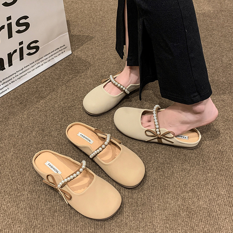 Ddmyoutdoor Baotou Half Slippers For Women Outdoor Wear Summer New French Style Pearl Bow Gentle Flat Lazy Sandals Outdoor Shoes
