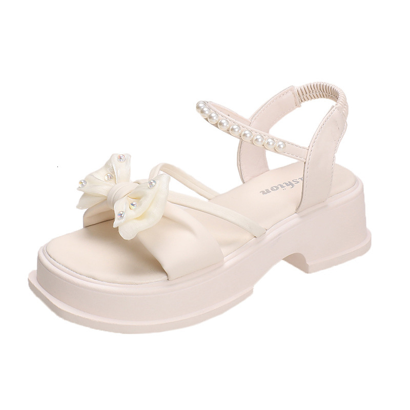 Ddmyoutdoor High Heel Sandals For Women New Summer Bowknot Fairy Style Thick Sole Pearl Strap Fashion Roman S Shoes Outdoor Shoes