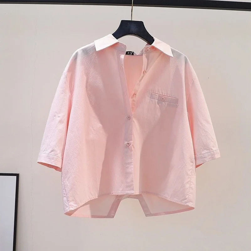 OL Back Split White Shirts Casual Chic Korean For Womens Clothes Blouses Short Sleeve Tops Preppy Style Basic Top Solid 250614