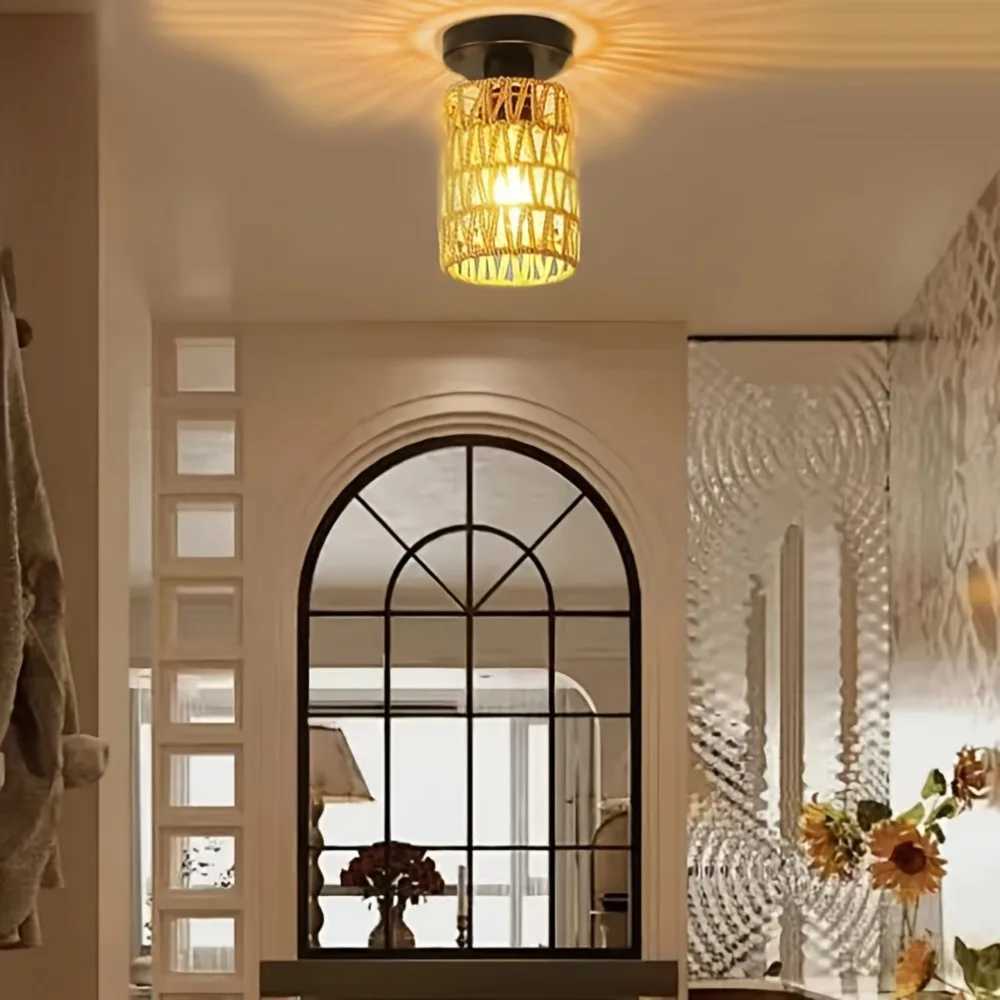 Charming Hand-Woven Iron Cylinder Ceiling Light - Rustic Style Warm Ambient Glow Perfect for Hallways Living Rooms Hotels XJ2500613
