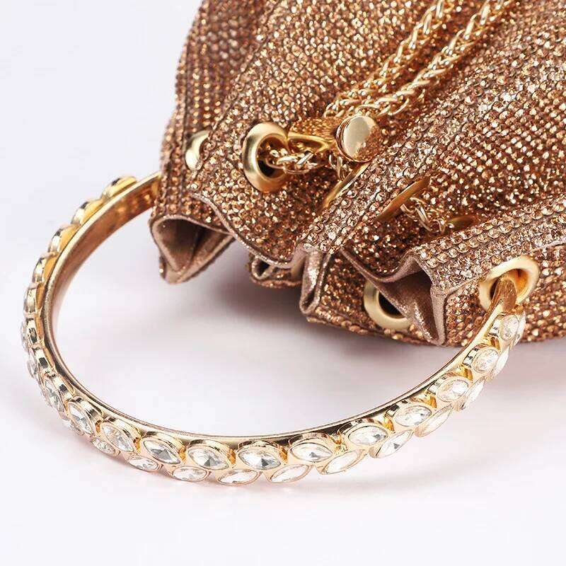 Designed Rhinestone Handbag Bling Handbags Women Brand PU Leather Metal Totes Modern Dia Top Handle Drawstring Bag